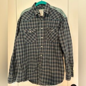 Panhandle‎ Slim Rough Stock Pearl Snap Western Shirt Mens  L Blue PLAID/Paisley